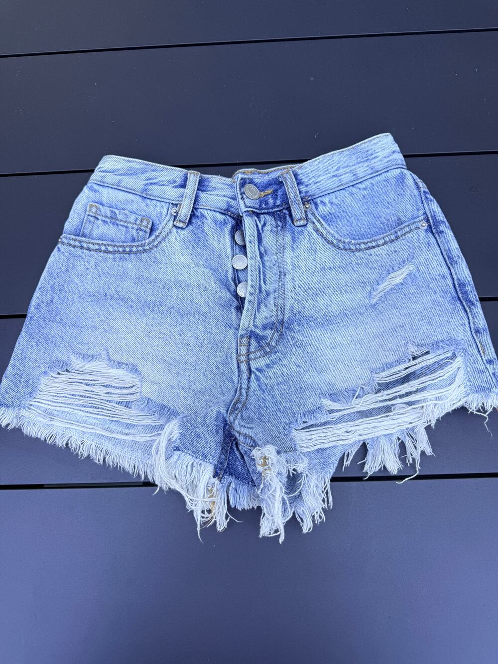 Pacsun Ivy High Waisted Festival Jean Shorts Frayed Light Blue